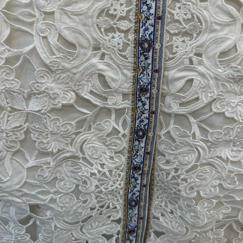 White Lace Shirt Dress with Blue Trim - Picture 7 of 10